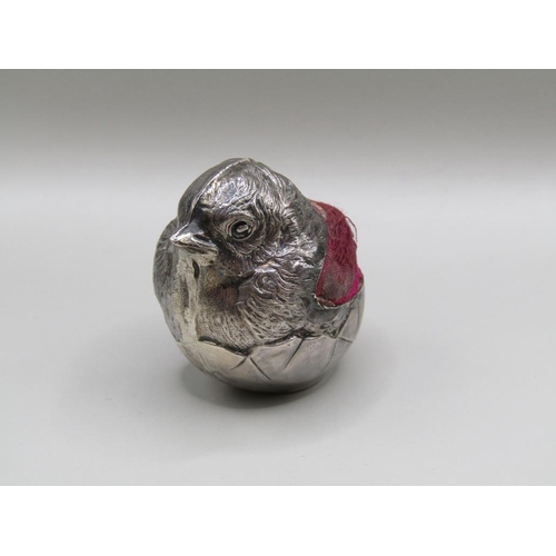 121 - A silver hatching baby bird pin cushion, Chester 1906, 5.5cm w.