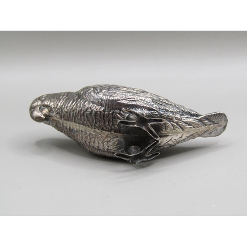 122 - A silver parrot pin cushion, Birmingham 1914, 6cm l, A/F.