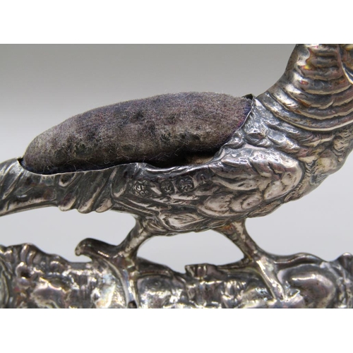 125 - A silver Lady Amherst's pheasant pin cushion, Birmingham 1908, 9.5cm l.