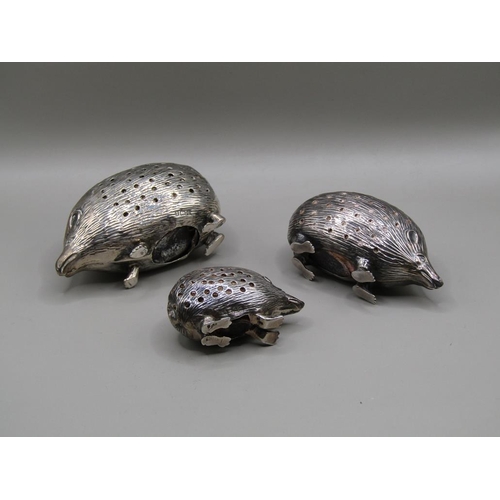 126 - Three silver hedgehog pin cushions, Birmingham 1903, 1904 & 1905, 7cm, 6cm & 4.5cm w.