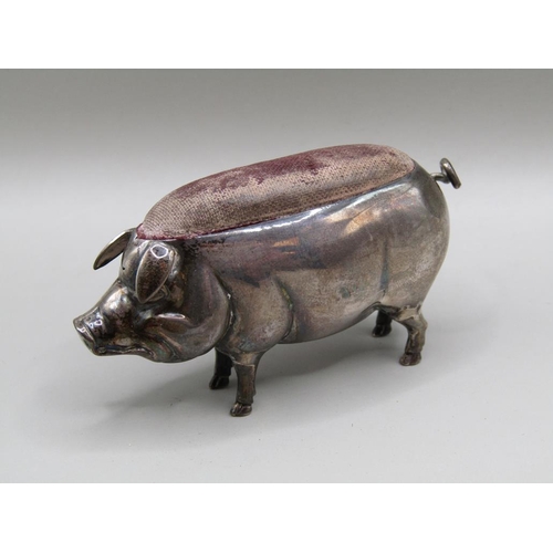 127 - A silver pig pin cushion, Birmingham 1904, 7cm l.