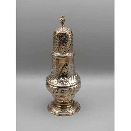 146 - A George III silver pepper with a pierced dome cover and flame finial, having an embossed and chased... 