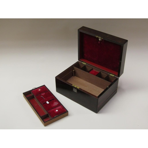 68 - A 19c rosewood ladies vanity box with fitted interior, the hinge cover with rectangular mother of pe... 