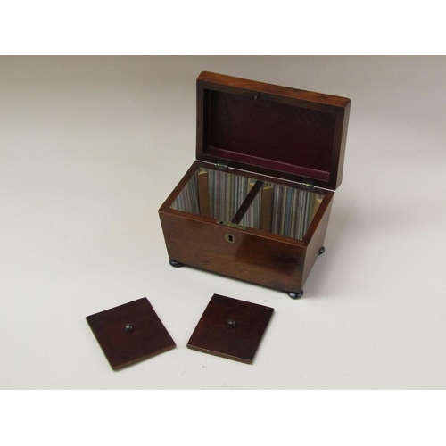 72 - A late Regency mahogany two compartment tea caddy, enclosed by a single hinge cover and supported on... 