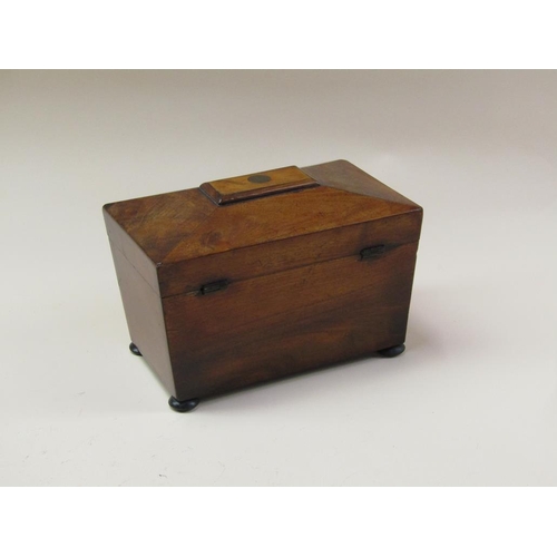 72 - A late Regency mahogany two compartment tea caddy, enclosed by a single hinge cover and supported on... 