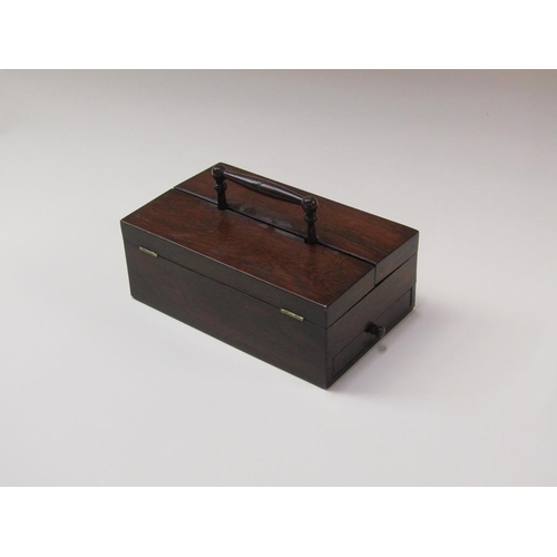 73 - A Regency rosewood writing box, the interior fitted with two cut glass ink bottles, having pen well ... 