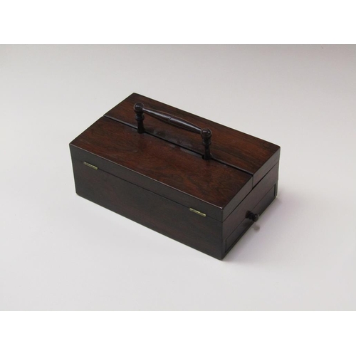 73 - A Regency rosewood writing box, the interior fitted with two cut glass ink bottles, having pen well ... 