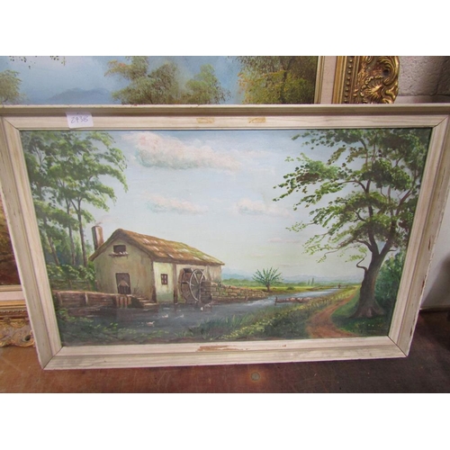 356 - GILT FRAMED OIL ON CANVAS, LAKE SCENE AND ONE OTHER