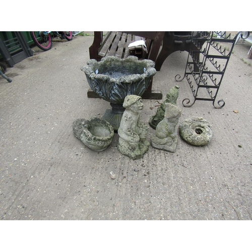 CONCRETE PLANTER ON STAND AND FIVE CONCRETE GARDEN ORNAMENTS