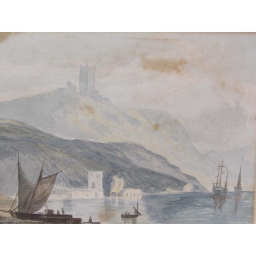 1001 - UNSIGNED 19C - COASTAL BAY WITH CASTLE ON HILL TOP, WATERCOLOUR, F/G, 14CM X 18CM