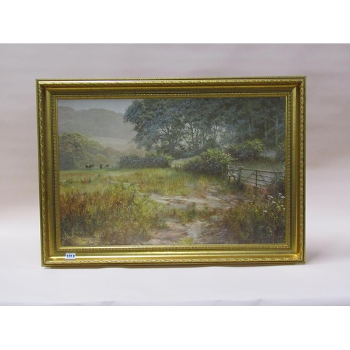 1018 - DIPNALL - CATTLE GRAZING IN A WOODLAND MEADOW, OLEOGRAPH, FRAMED 47CM X 73CM