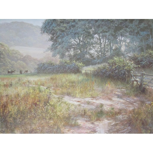 1018 - DIPNALL - CATTLE GRAZING IN A WOODLAND MEADOW, OLEOGRAPH, FRAMED 47CM X 73CM