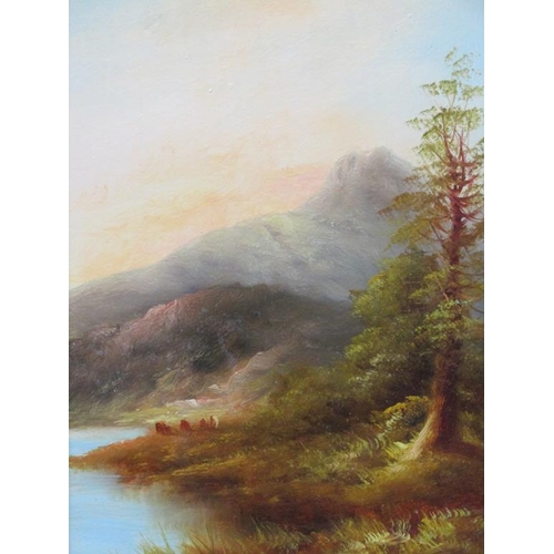 1025 - UNSIGNED LATE 19C - THE BANKS OF A LOCH, OIL ON BOARD, FRAMED, 45CM X 25CM