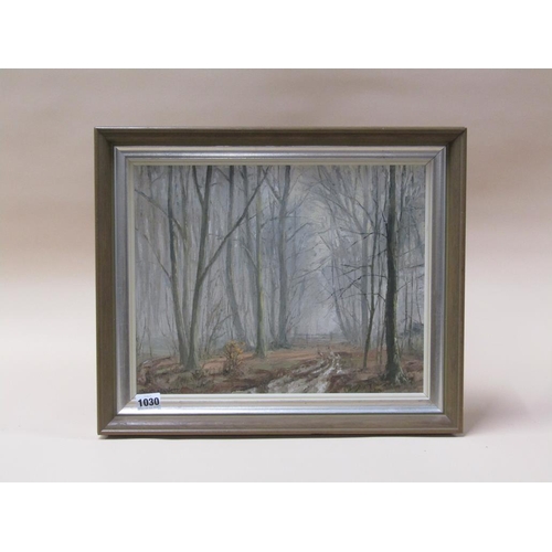 1030 - BRIAN BENNETT - WINTER WOODLAND SCENE, SIGNED OIL ON CANVAS, FRAMED, 29CM X 37CM