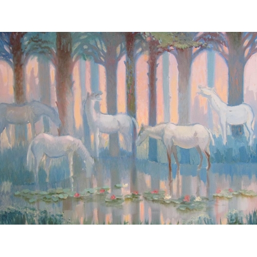 1037 - JAMES KESSELL 74 - FIVE GREY HORSES NEXT TO A LILY PAD LAKE, SIGNED AND ADTED, OIL ON CANVAS, FRAMED... 