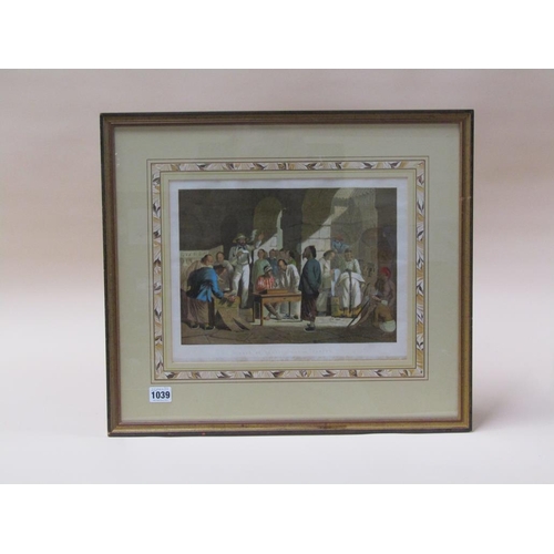 1039 - FRAMED COLOURED PRINT - SALE OF ENGLISH GOODS IN CANTON, F/G, 26CM X 33CM