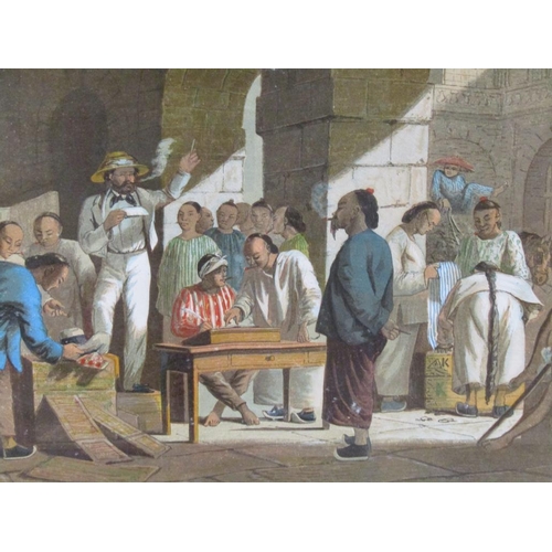 1039 - FRAMED COLOURED PRINT - SALE OF ENGLISH GOODS IN CANTON, F/G, 26CM X 33CM