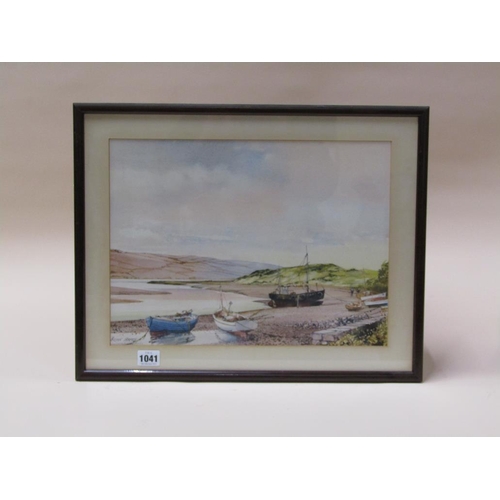 1041 - BRIAN HAYES - FISHING BOAT BEACHED AT LOW TIDE, SIGNED WATERCOLOUR, F/G, 29CM X 39CM