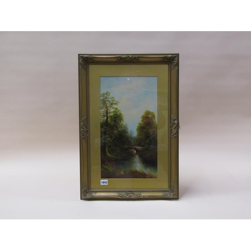 1043 - UNSIGNED LATE 19C - QUIET WATERWAY WITH STONE BRIDGE IN A WOODLAND SETTING, OIL ON BOARD, FRAMED, 45... 