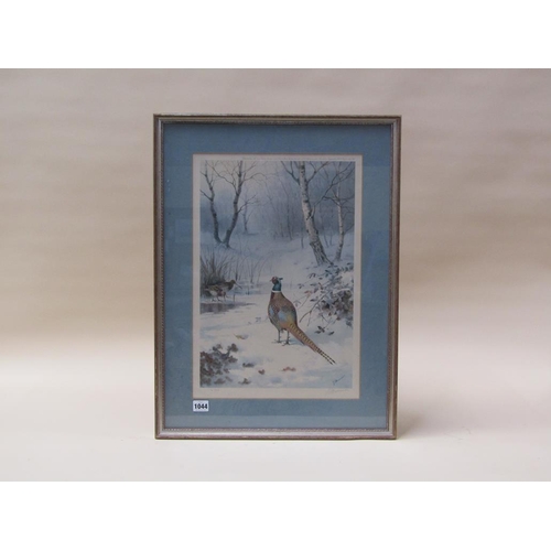 1044 - J C HARRISON - COCK PHEASANT AND WOODCOCK IN WINTER TIME, COLOURED PRINT, F/G, 49CM X 33CM