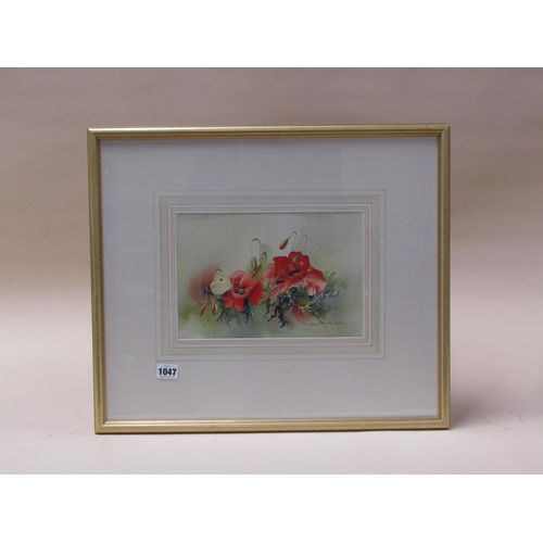 1047 - MARION HARBINSON - SMALL WHITE (BUTTERFLY) AND POPPIES, SIGNED WATERCOLOUR, F/G, 22CM X 30CM