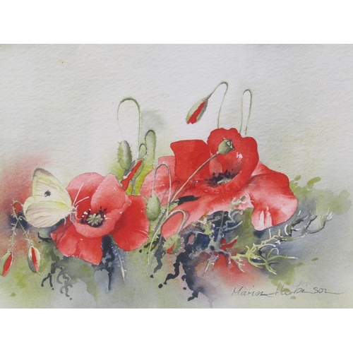 1047 - MARION HARBINSON - SMALL WHITE (BUTTERFLY) AND POPPIES, SIGNED WATERCOLOUR, F/G, 22CM X 30CM