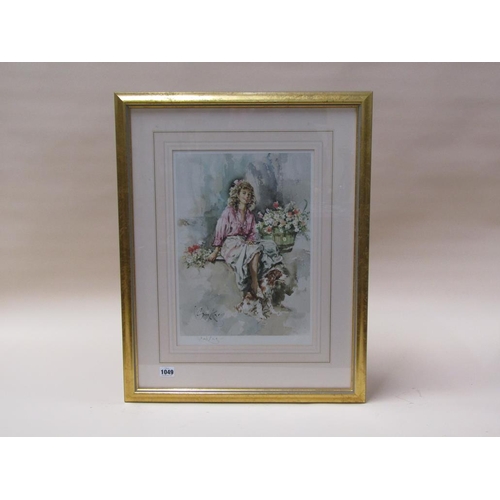 1049 - GORDON KING - LADY WITH SPANIEL DOG, FRAMED COLOURED PRINT, SIGNED BY ARTIST, 40CM X 28CM