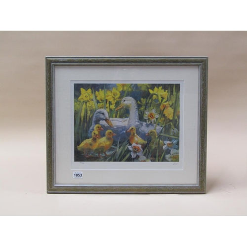 1053 - FRAMED COLOURED PRINT - DUCKS AND DUCKLINGS, 28CM X 35CM