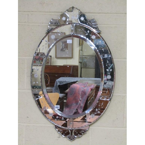 1057 - ENGRAVED OVAL WALL MIRROR, 88CM X 56CM