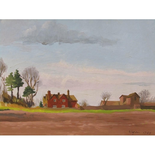 1062 - PETER WAGON 1959 - THE MANOR HOUSE, SIGNED AND DATED, F/G, 40CM X 58CM; OIL ON PANEL - SUFFOLK FARM ... 