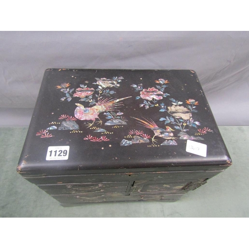 1129 - ORIENTAL BLACK LACQUERED MOTHER OF PEARL INLAID JEWELLERY CHEST 32cms W