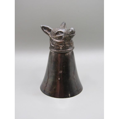 1265 - SILVER CIGARETTE CASE AND A SILVER PLATED FOX HEAD STIRRUP CUP