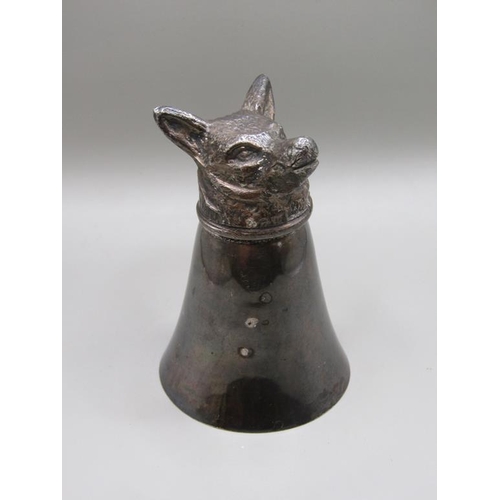 1265 - SILVER CIGARETTE CASE AND A SILVER PLATED FOX HEAD STIRRUP CUP