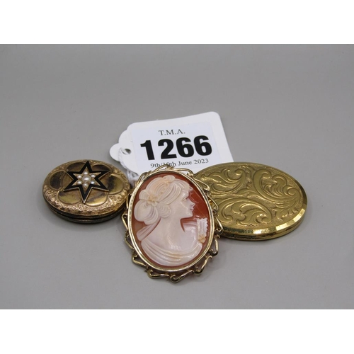 1266 - 9ct GOLD MOUNTED CAMEO, ROLLED GOLD LOCKET AND A VICTORIAN MEMORIAL LOCKET