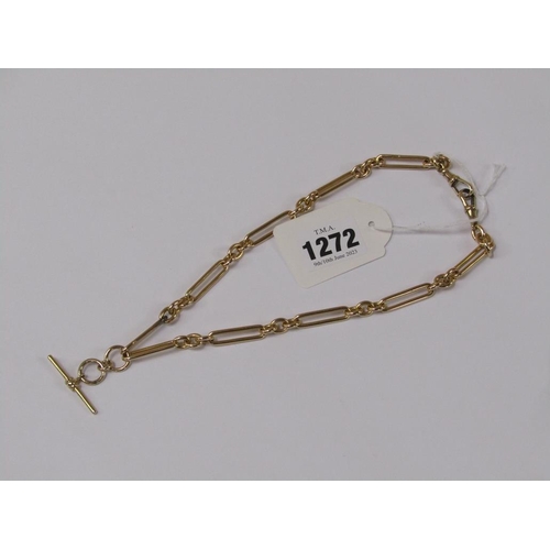 1272 - 15ct GOLD TROMBONE NECKLACE WITH ATTACHED 9ct T BAR AND DOG CLIPS 61.6g OVERALL