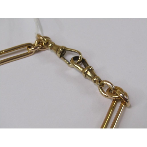 1272 - 15ct GOLD TROMBONE NECKLACE WITH ATTACHED 9ct T BAR AND DOG CLIPS 61.6g OVERALL