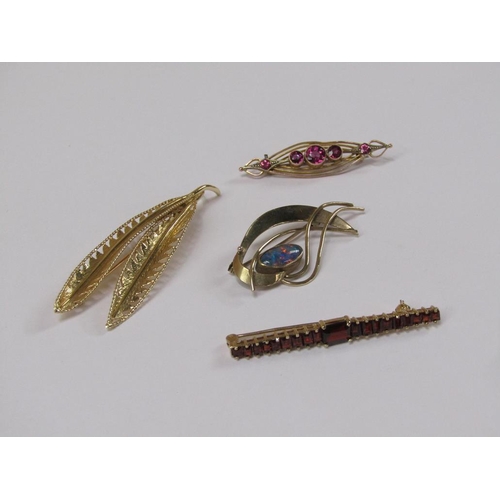 1280 - FOUR 9ct GOLD BROOCHES, THREE STONE SET