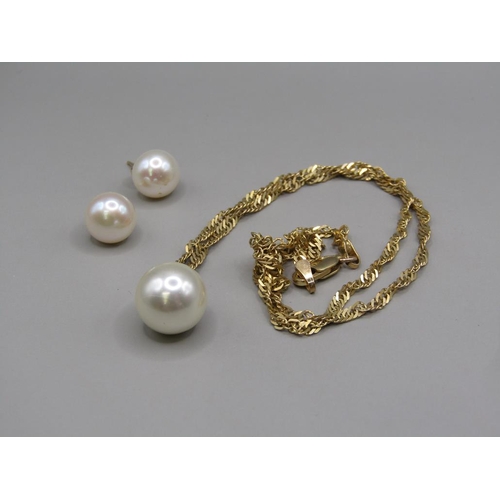 1283 - 9ct GOLD AND PEARL MOUNTED NECKLACE AND PENDANT, WITH MATCHING EARRINGS