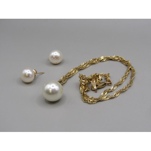 1283 - 9ct GOLD AND PEARL MOUNTED NECKLACE AND PENDANT, WITH MATCHING EARRINGS