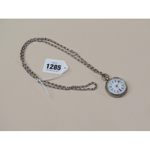 1285 - VICTORIAN SILVER LADIES FOB WATCH AND ACCOMPANYING CHAIN