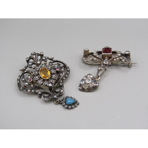 1295 - TWO SILVER MOUNTED GEM SET VICTORIAN BROOCHES