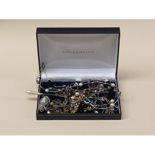 1299 - BOX OF SILVER AND SILVER GILT STONE SET COSTUME JEWELLERY