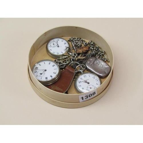 1308 - THREE POCKET WATCHES, ONE WITH AN ALBERT CHAIN AND A SILVER ST. JOHNS AMBULANCE BADGE AND A SILVER V... 