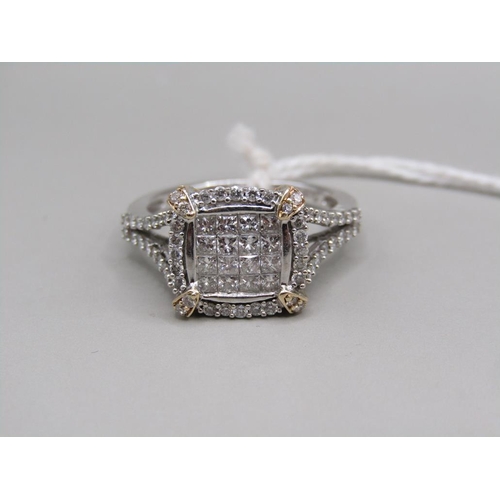 1338A - A LARGE AND IMPRESSIVE 14K WHITE GOLD DIAMOND RING IN A CONTEMPORARY SETTING.  SIZE N 1/2