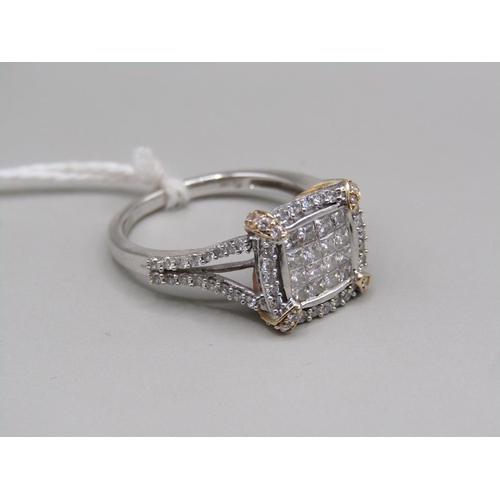 1338A - A LARGE AND IMPRESSIVE 14K WHITE GOLD DIAMOND RING IN A CONTEMPORARY SETTING.  SIZE N 1/2