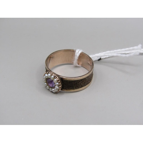 1345 - GOLD SEED PEARL AMETHYST HAIR BANDED MEMOMORIAM RING SIZE P