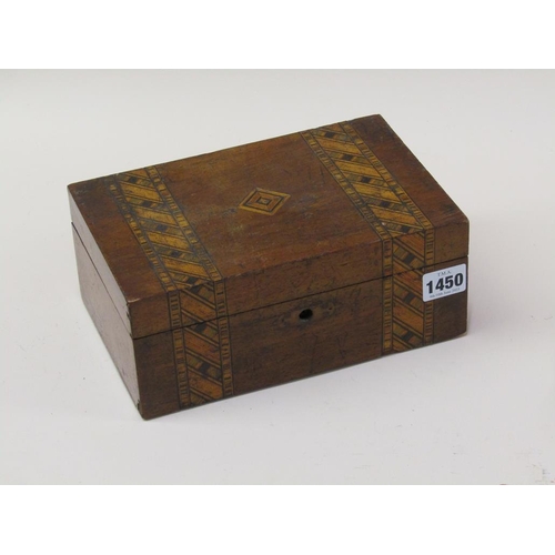 1450 - 19C TUNBRIDGE BANDED BOX; BEADS ETC THEREIN