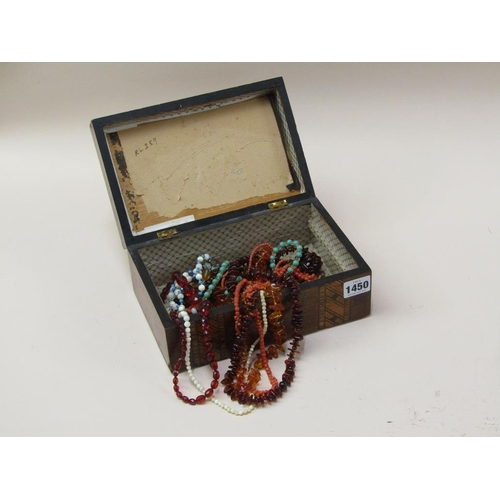 1450 - 19C TUNBRIDGE BANDED BOX; BEADS ETC THEREIN