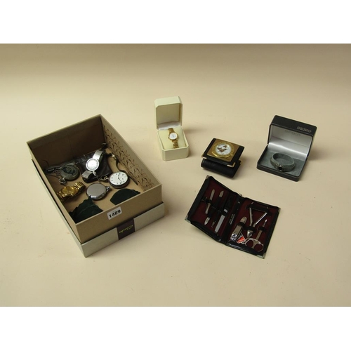 1489 - BOX OF MISC TO INCL POCKET WATCHES ETC