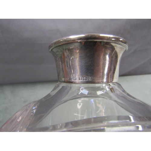 1508 - SQUARE CUT GLASS DECANTER WITH SILVER COLLAR, 27CM H